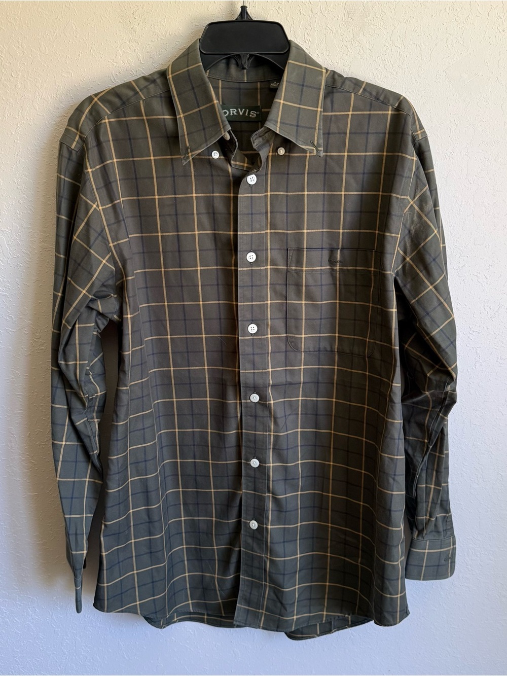 Men’s M Green Orvis Window Pane Plaid Fall Outdoor Wrinkle Free Button Up Shirt